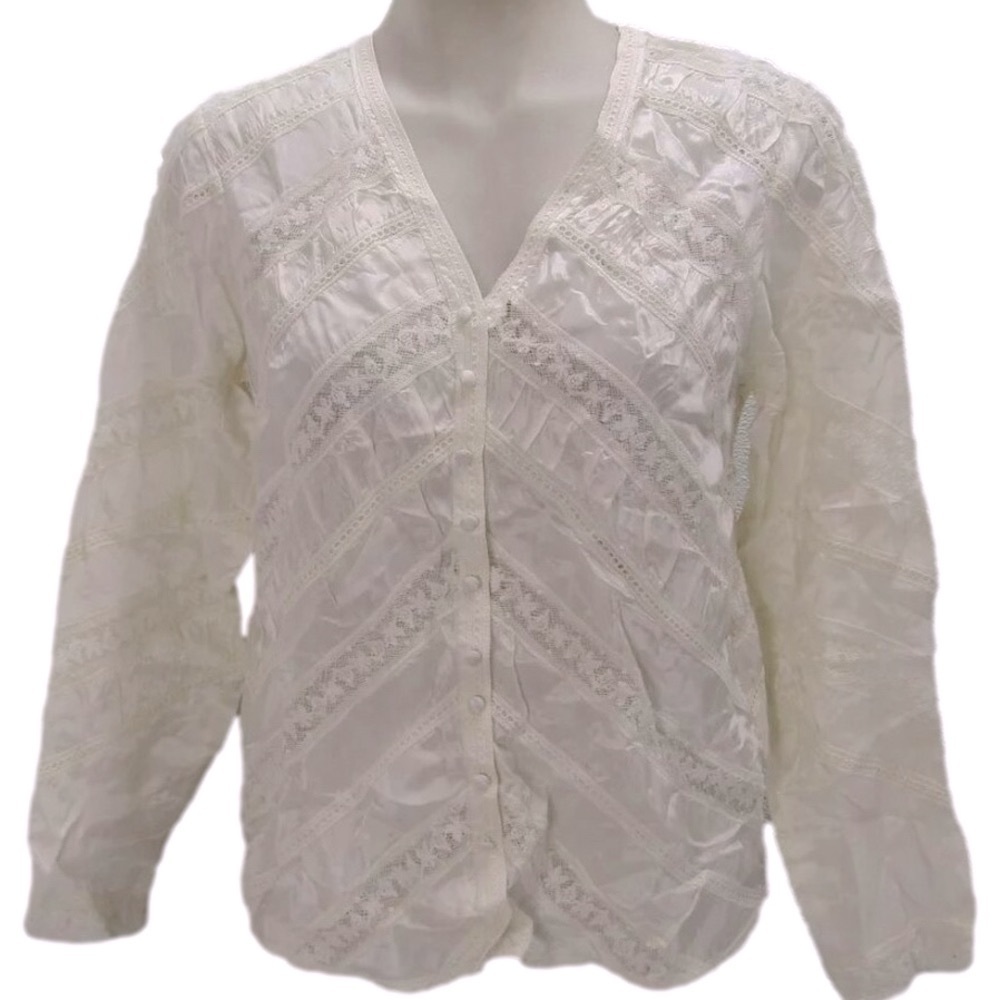 NEW LOVESHACKFANCY Womens Tandra Romantic V-Neck Blouse Size 4 Antique White - Picture 1 of 13
